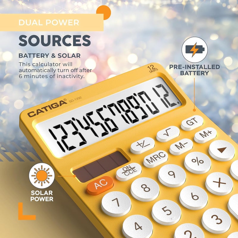 CATIGA 12 Digit Desktop Calculator Basic Desk Calculator with Large LCD Display, Big Buttons, 4 Function, Solar and Battery Dual Power, for Office, School, Home, SD-1292 Yellow - Image 5